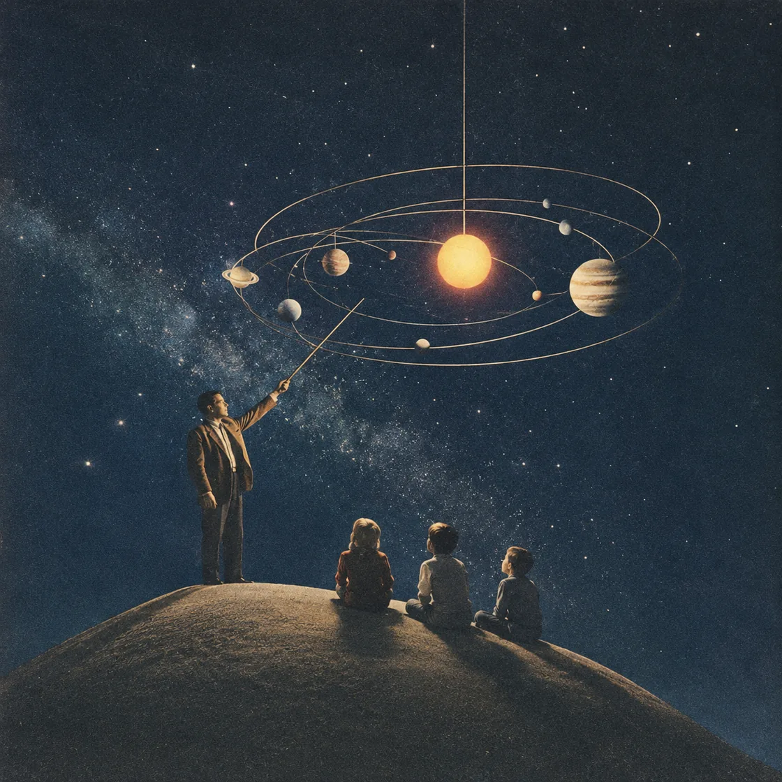 Retro-space scene representing lecturing